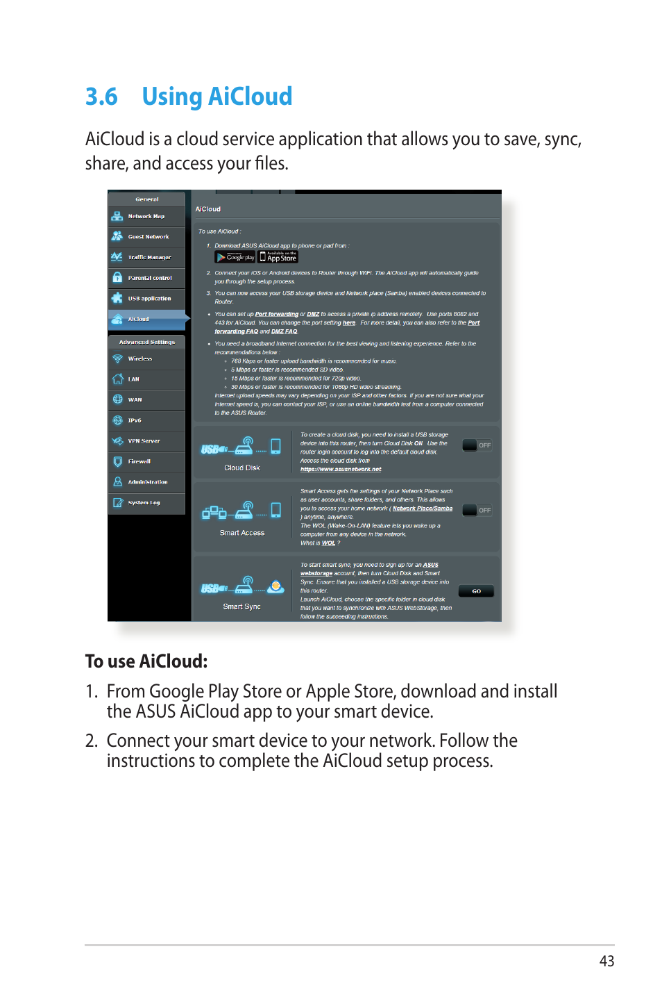 6 using aicloud, Using aicloud | Asus RT-AC56U User Manual | Page 43 / 129
