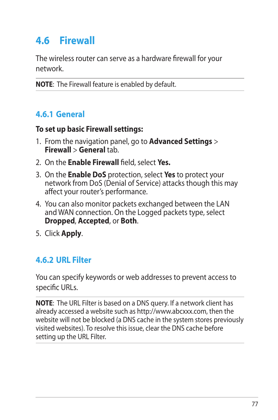 6 firewall, 1 general, 2 url filter | Firewall, 1 general 4.6.2 url filter | Asus RT-AC56U User Manual | Page 77 / 129