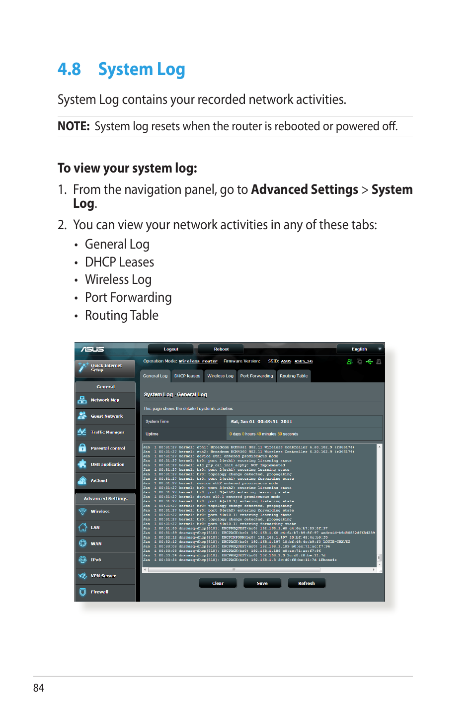 8 system log, System log | Asus RT-AC56U User Manual | Page 84 / 129