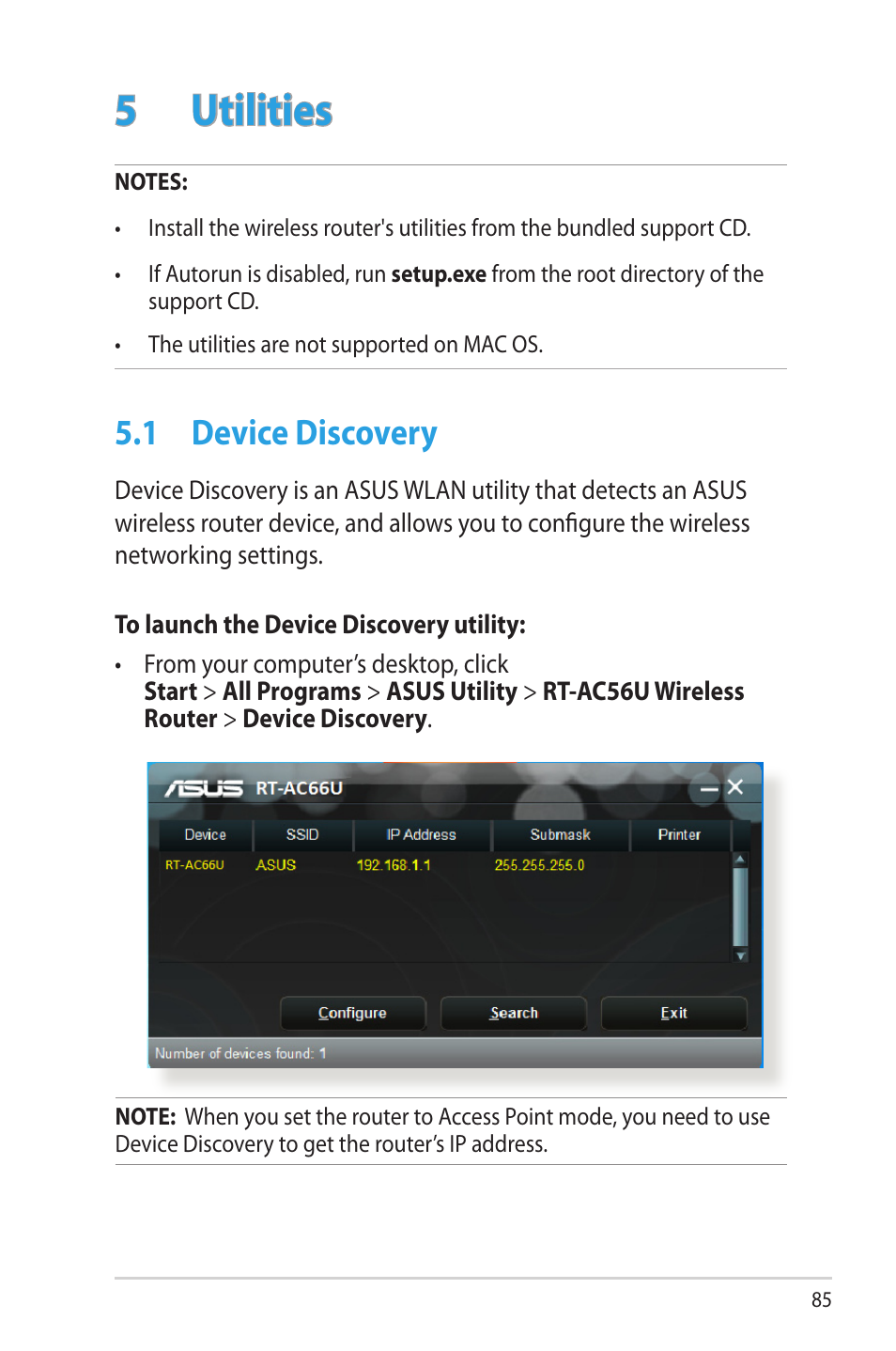 5 utilities, 1 device discovery, Utilities | Device discovery | Asus RT-AC56U User Manual | Page 85 / 129