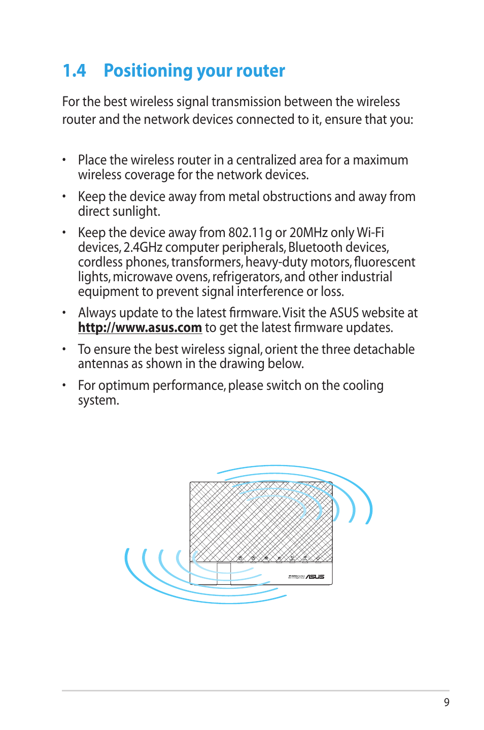 4 positioning your router, Positioning your router | Asus RT-AC56U User Manual | Page 9 / 129