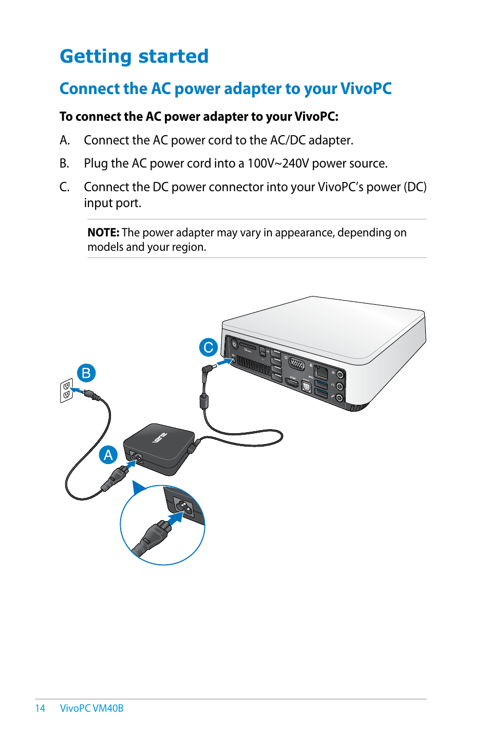 Getting started, Connect the ac power adapter to your vivopc | Asus VM40B User Manual | Page 14 / 42