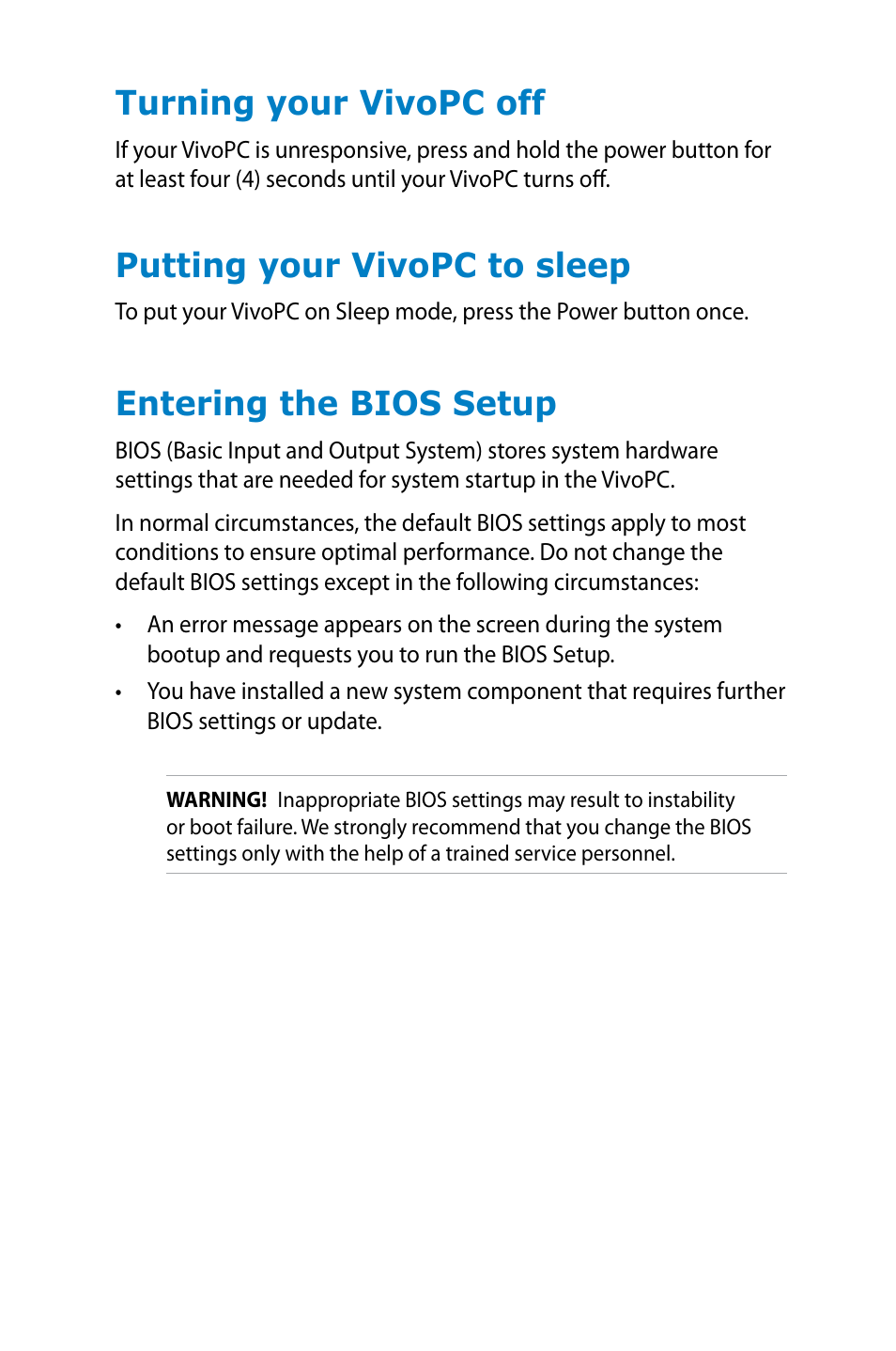 Turning your vivopc off, Putting your vivopc to sleep, Entering the bios setup | Asus VM40B User Manual | Page 19 / 42