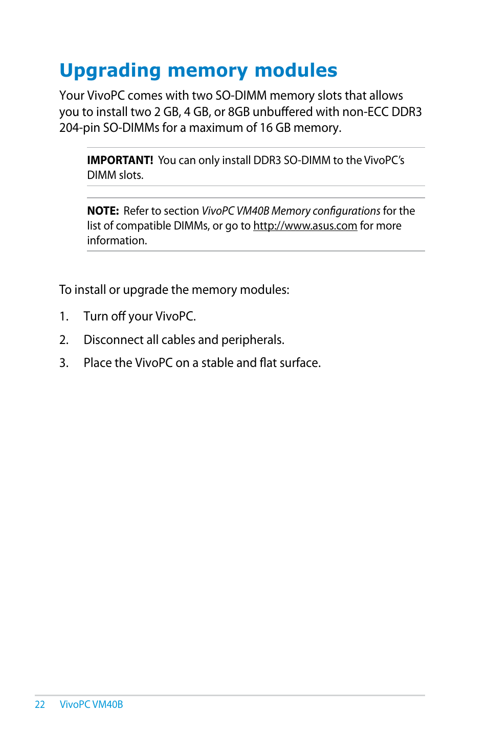 Upgrading memory modules | Asus VM40B User Manual | Page 22 / 42