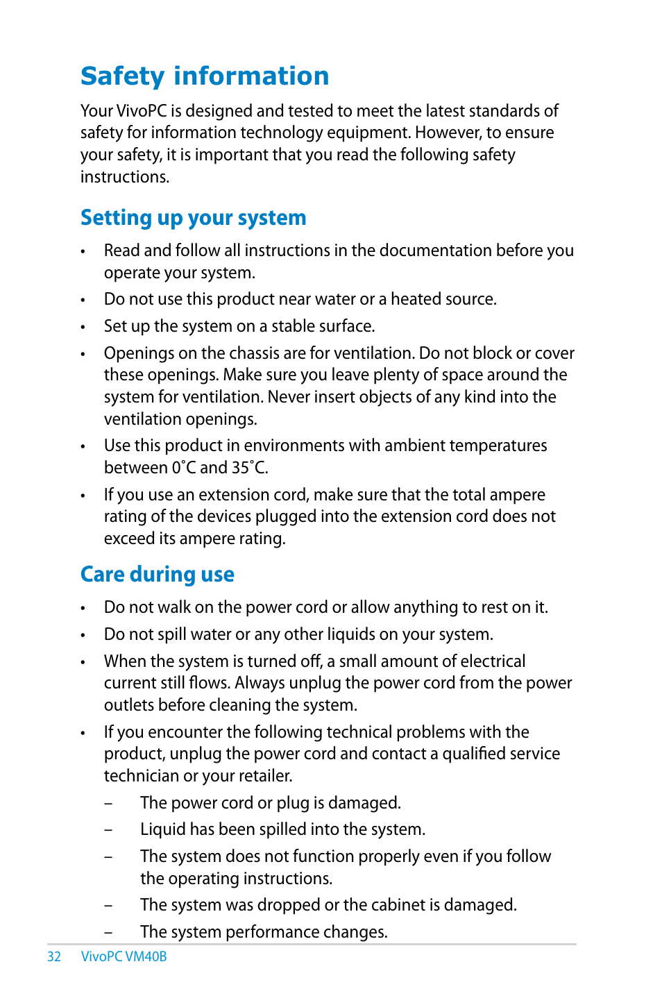 Safety information, Setting up your system, Care during use | Asus VM40B User Manual | Page 32 / 42