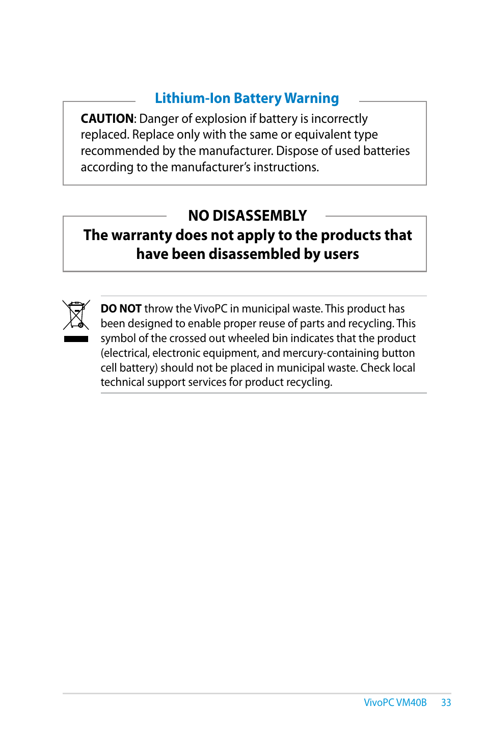 Lithium-ion battery warning | Asus VM40B User Manual | Page 33 / 42