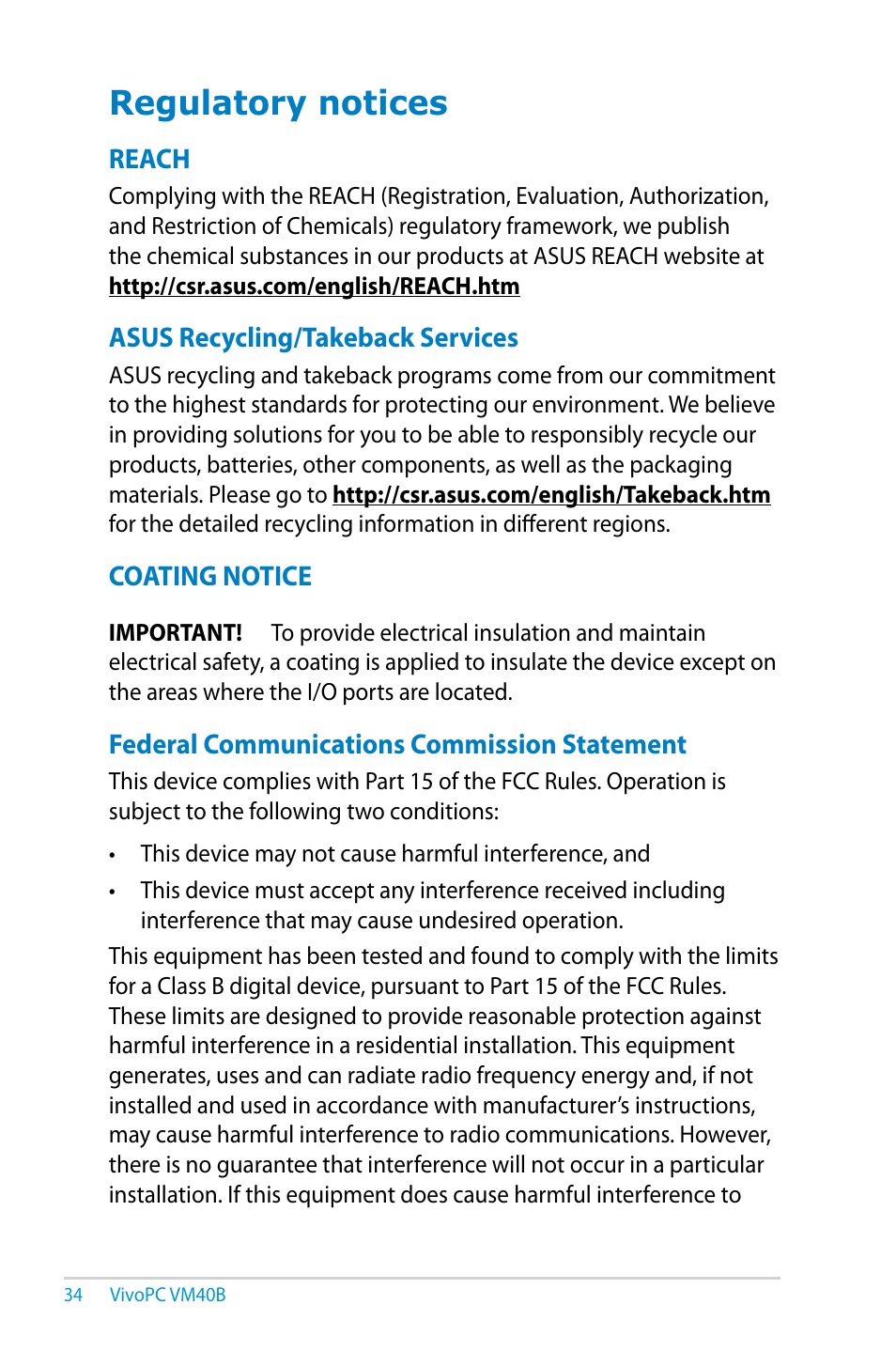 Regulatory notices, Reach, Asus recycling/takeback services | Coating notice, Federal communications commission statement | Asus VM40B User Manual | Page 34 / 42