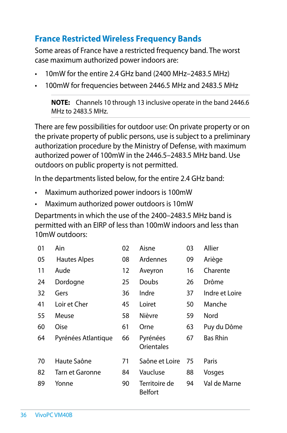 France restricted wireless frequency bands | Asus VM40B User Manual | Page 36 / 42