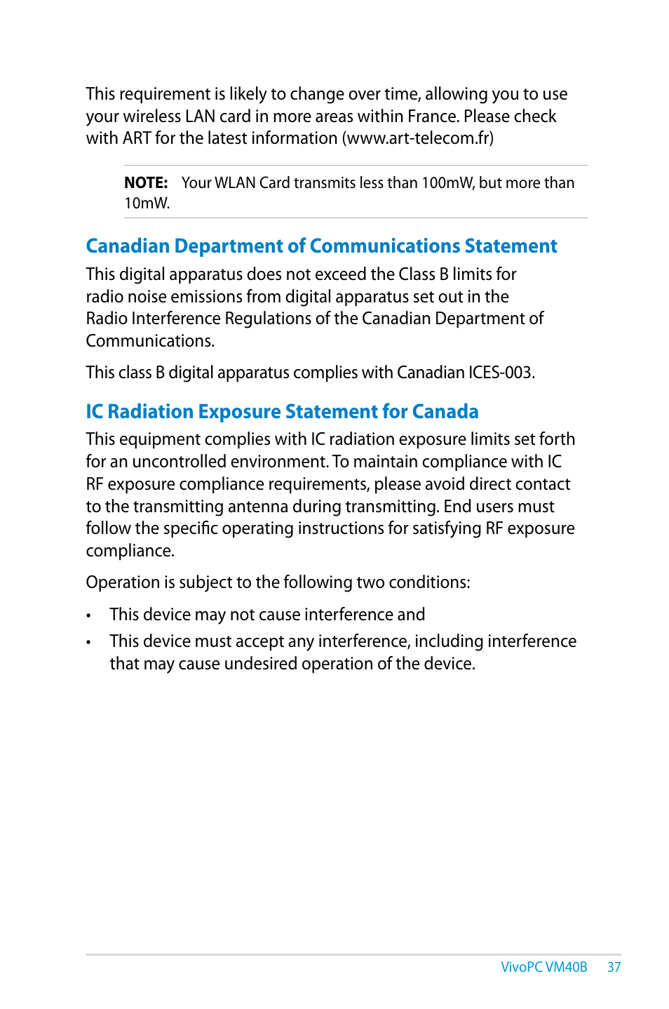 Canadian department of communications statement, Ic radiation exposure statement for canada | Asus VM40B User Manual | Page 37 / 42