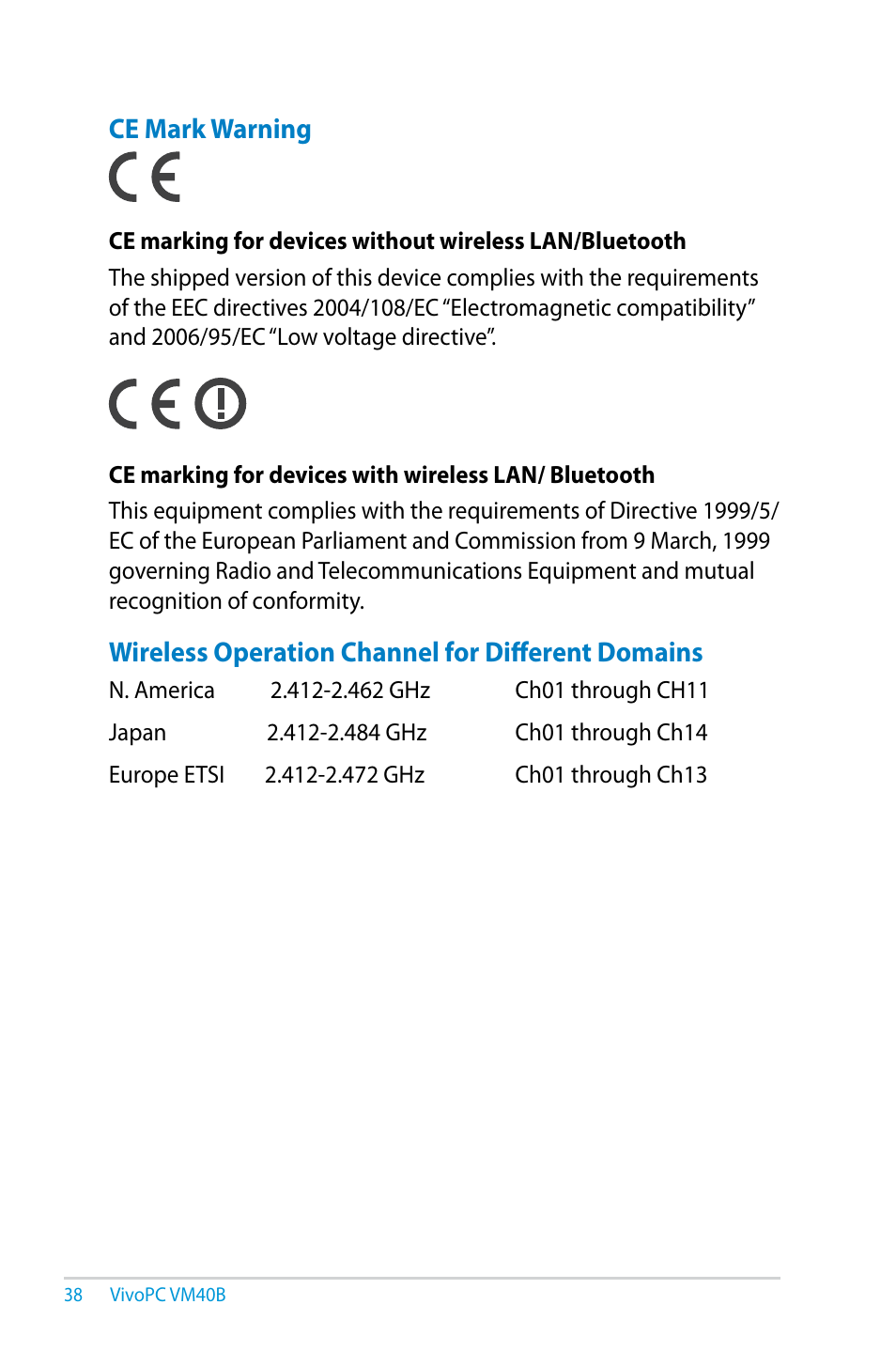 Ce mark warning, Wireless operation channel for different domains | Asus VM40B User Manual | Page 38 / 42