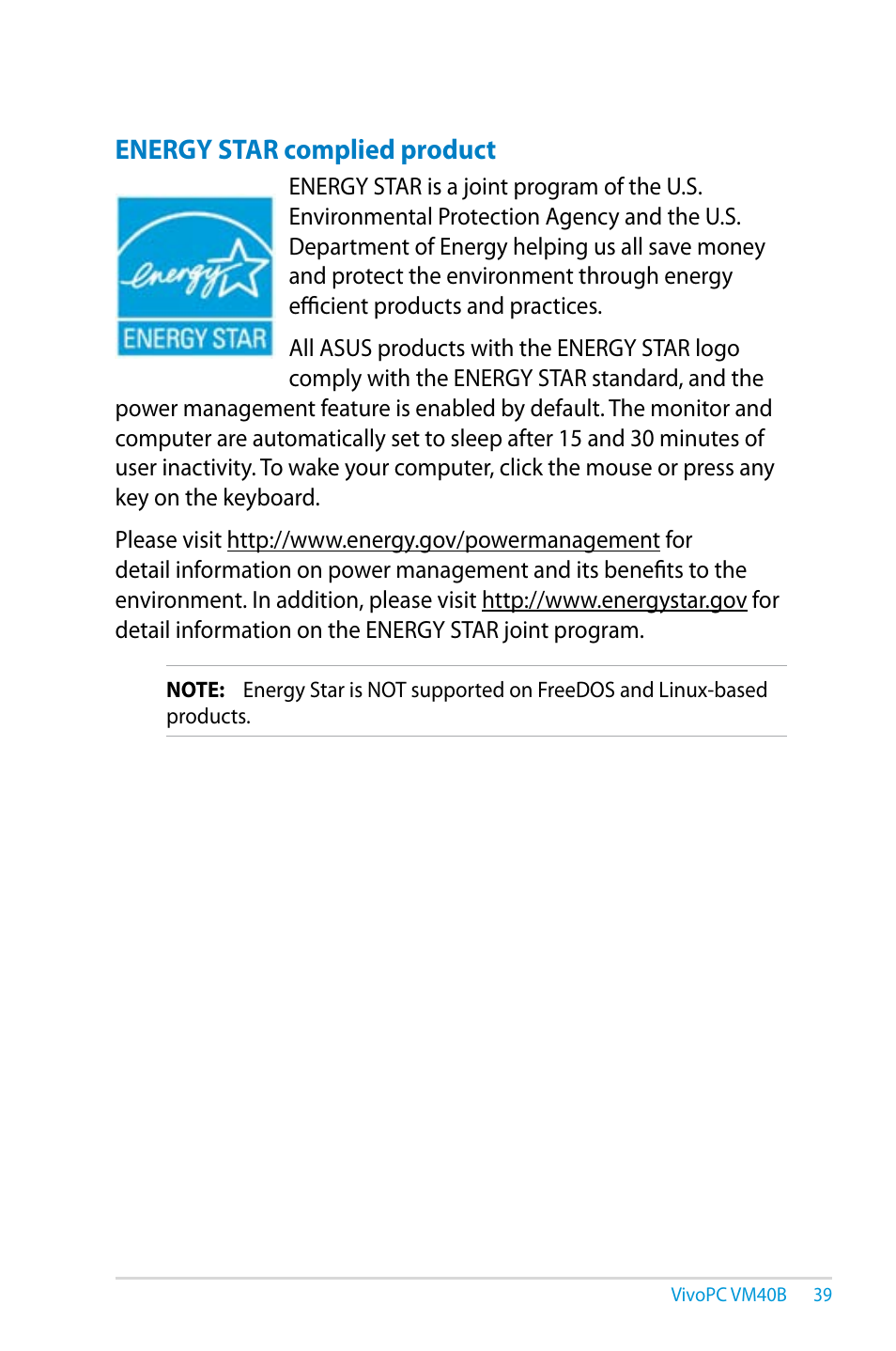 Energy star complied product | Asus VM40B User Manual | Page 39 / 42