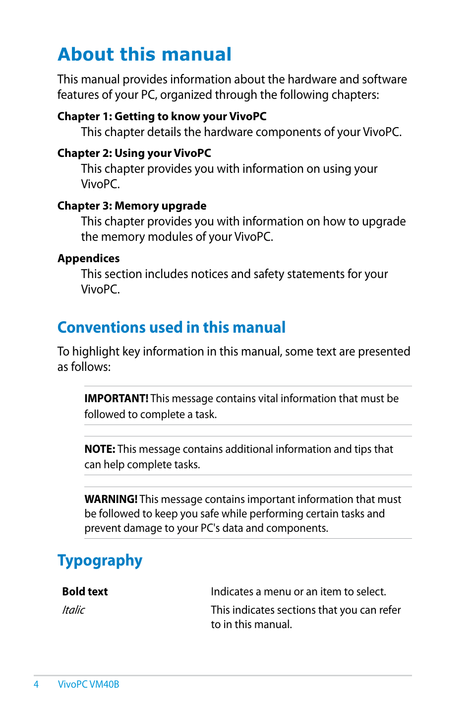 About this manual, Conventions used in this manual, Typography | Conventions used in this manual typography | Asus VM40B User Manual | Page 4 / 42