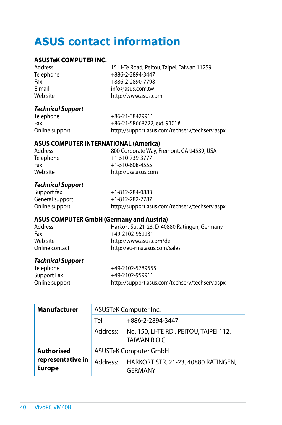 Asus contact information | Asus VM40B User Manual | Page 40 / 42