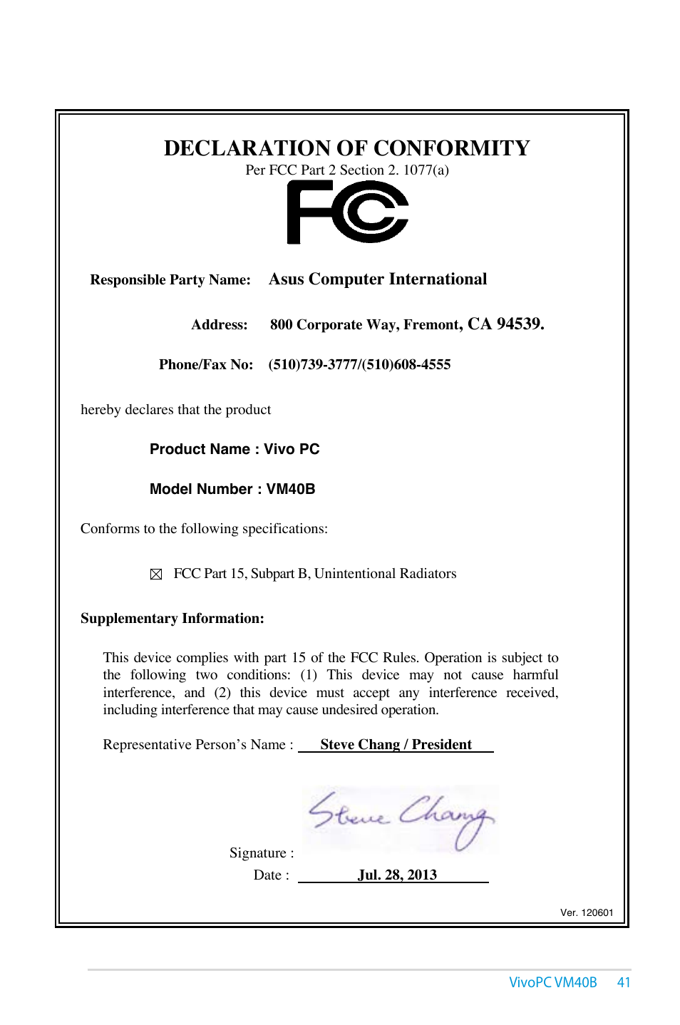 Declaration of conformity, Asus computer international | Asus VM40B User Manual | Page 41 / 42