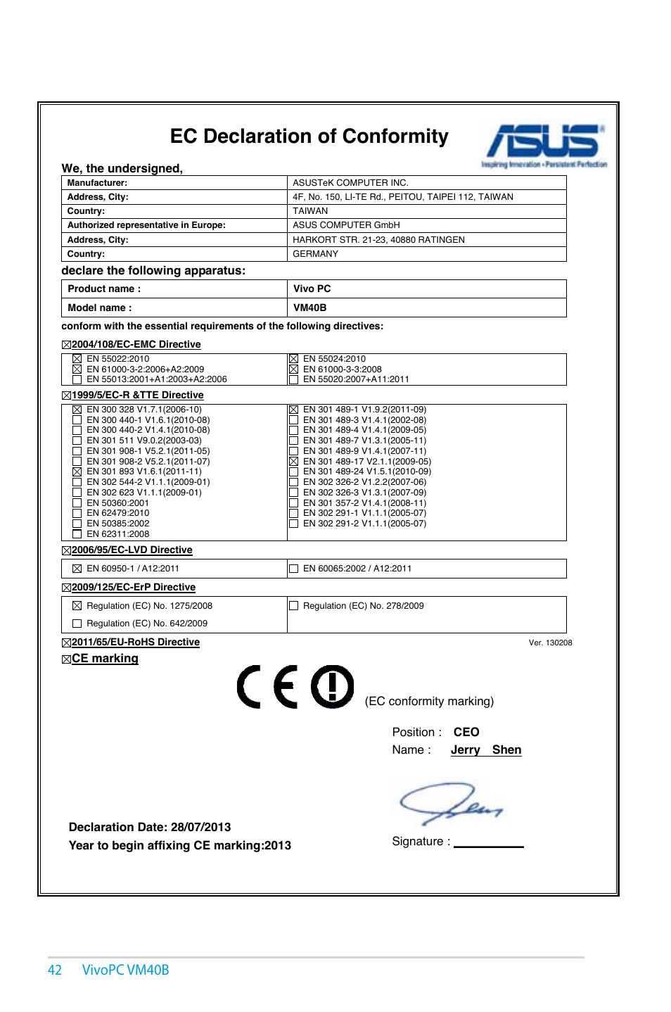 Ec declaration of conformity, 42 vivopc vm40b, We, the undersigned | Declare the following apparatus, Ec conformity marking) | Asus VM40B User Manual | Page 42 / 42