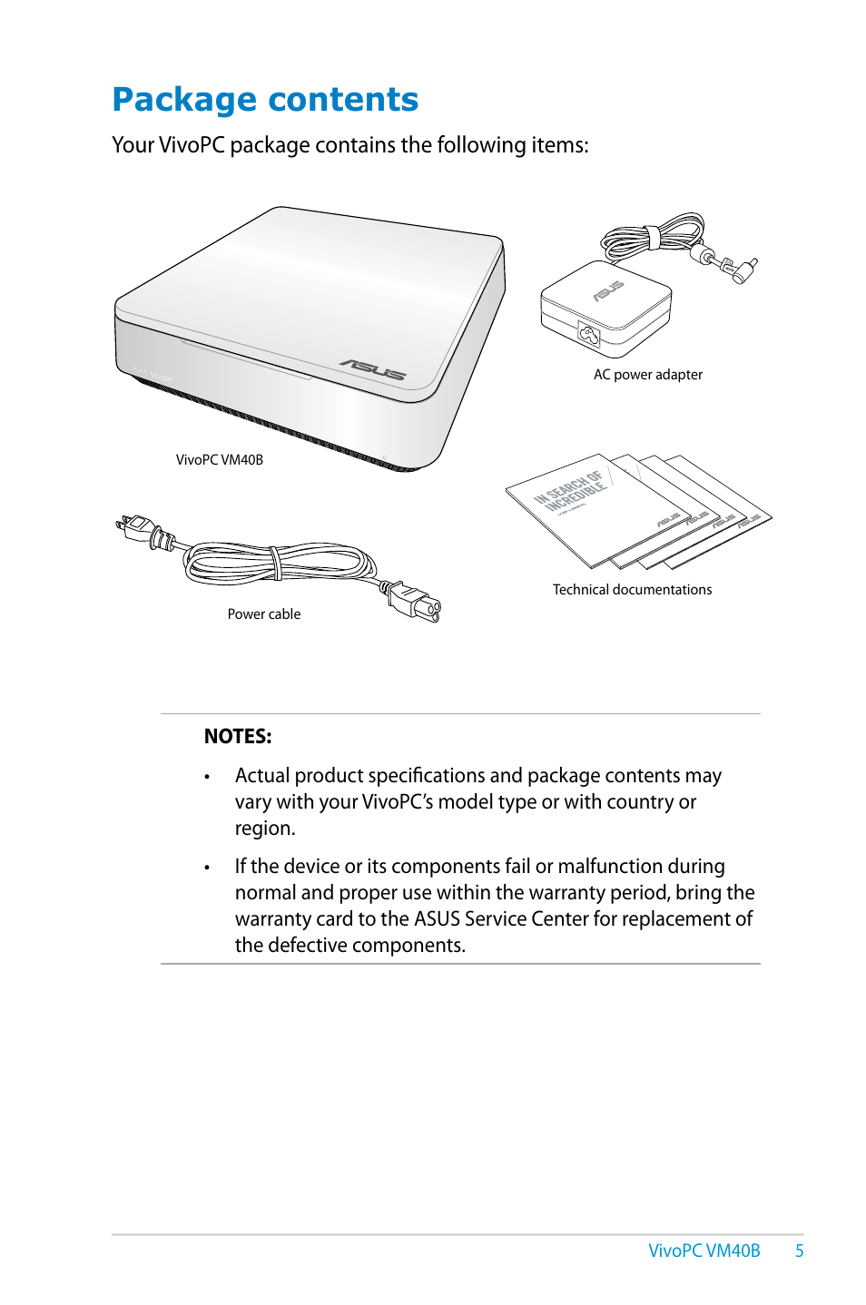 Package contents, Your vivopc package contains the following items | Asus VM40B User Manual | Page 5 / 42