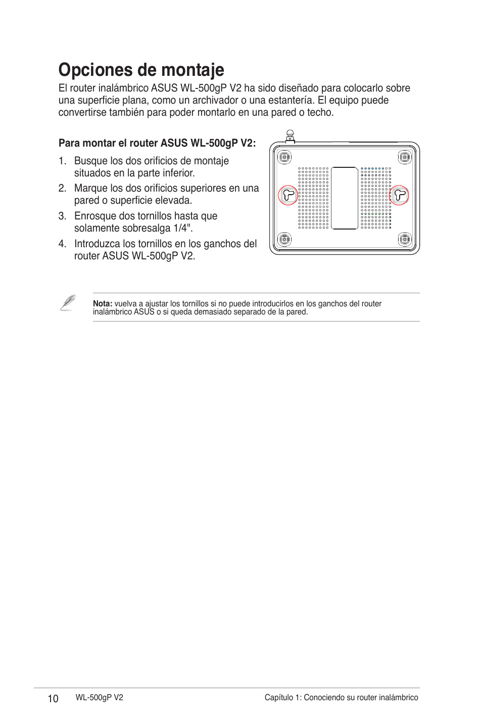 Opciones de montaje | Asus WL-500gP V2 User Manual | Page 10 / 64