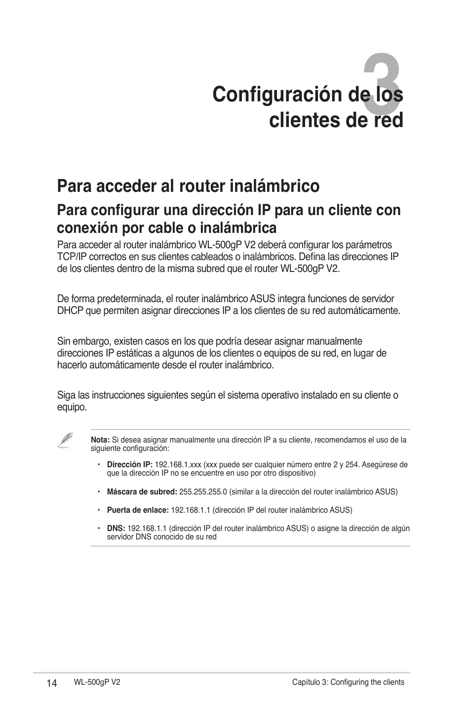 Configuración de los clientes de red, Para acceder al router inalámbrico | Asus WL-500gP V2 User Manual | Page 14 / 64