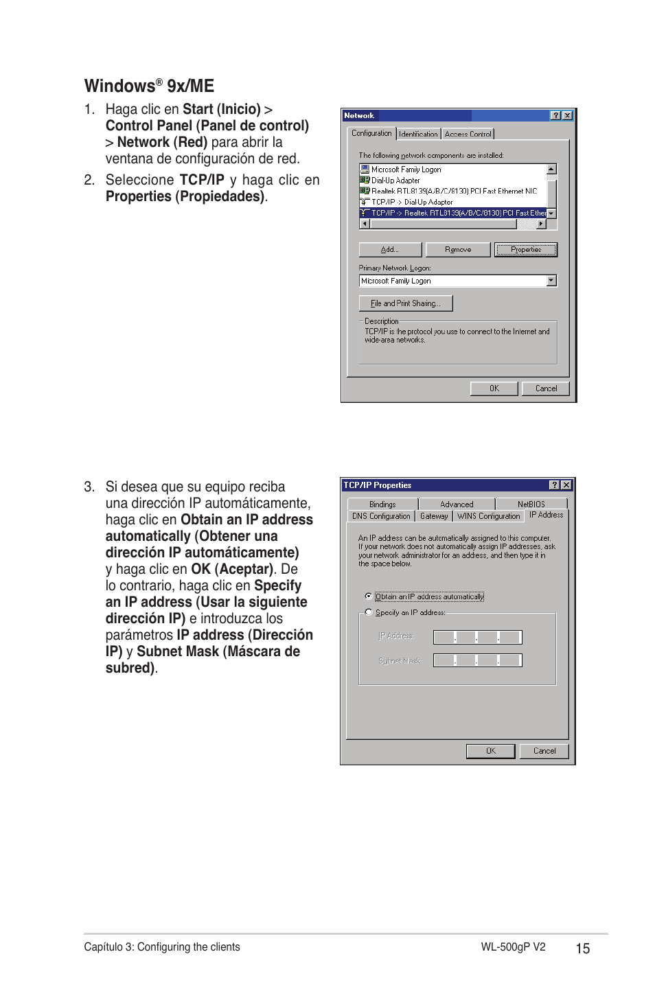 Windows, 9x/me | Asus WL-500gP V2 User Manual | Page 15 / 64