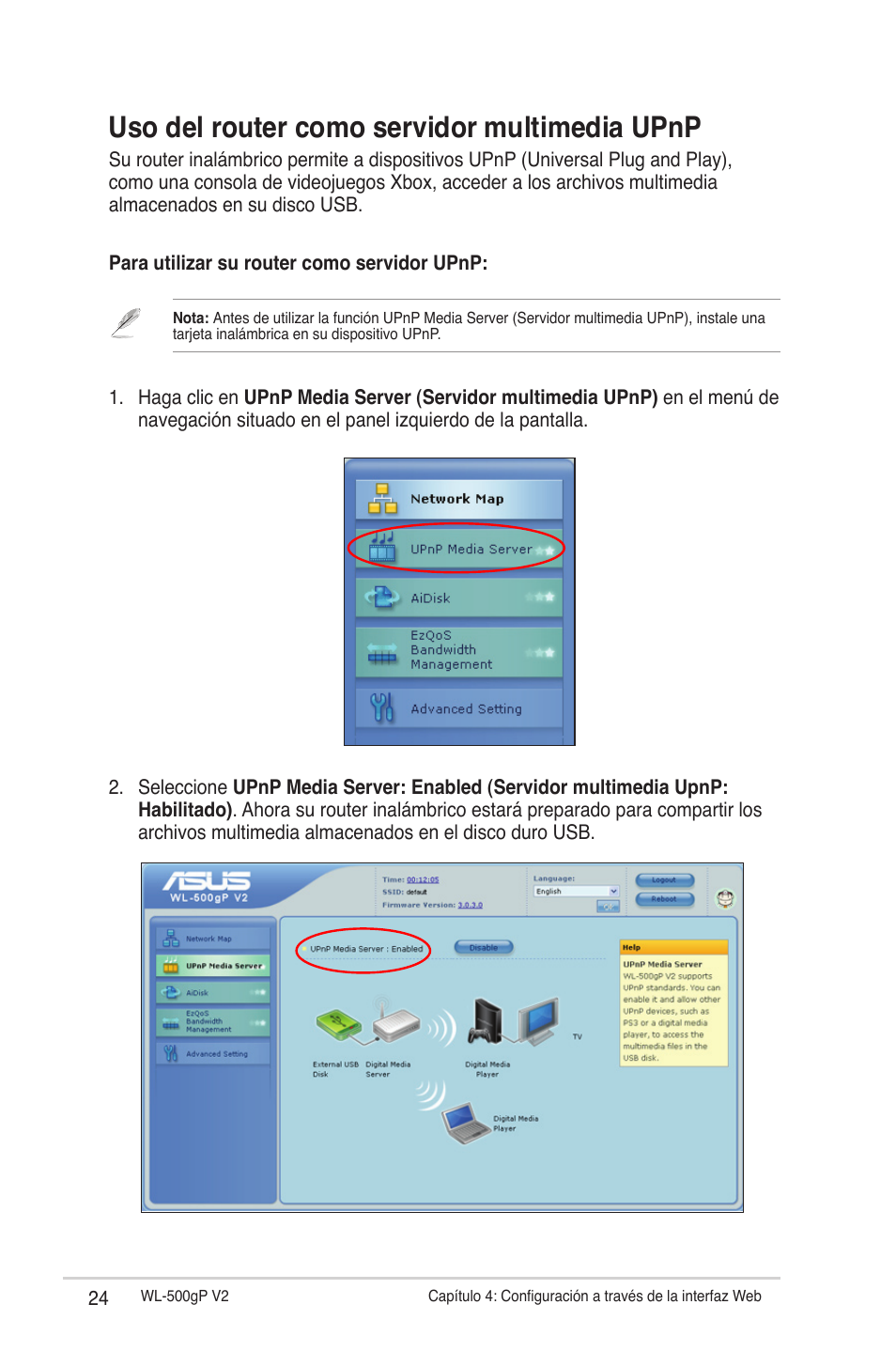 Uso del router como servidor multimedia upnp | Asus WL-500gP V2 User Manual | Page 24 / 64