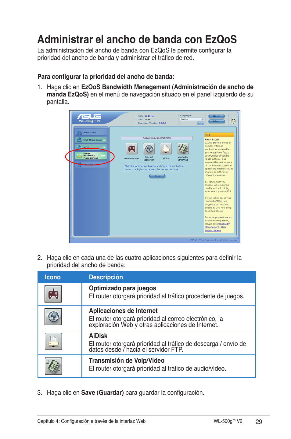 Administrar el ancho de banda con ezqos | Asus WL-500gP V2 User Manual | Page 29 / 64