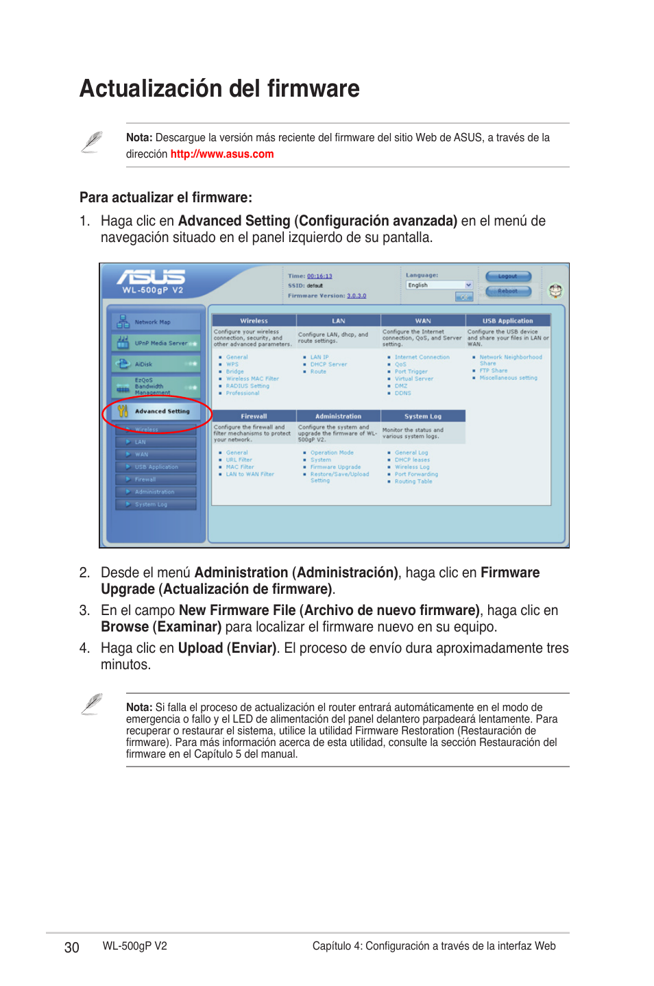 Actualización del firmware | Asus WL-500gP V2 User Manual | Page 30 / 64