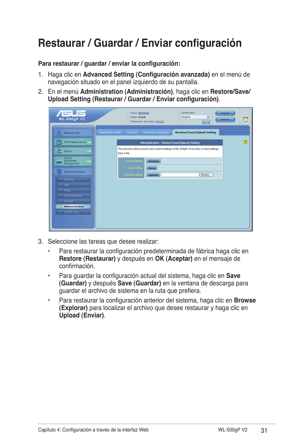 Restaurar / guardar / enviar configuración | Asus WL-500gP V2 User Manual | Page 31 / 64