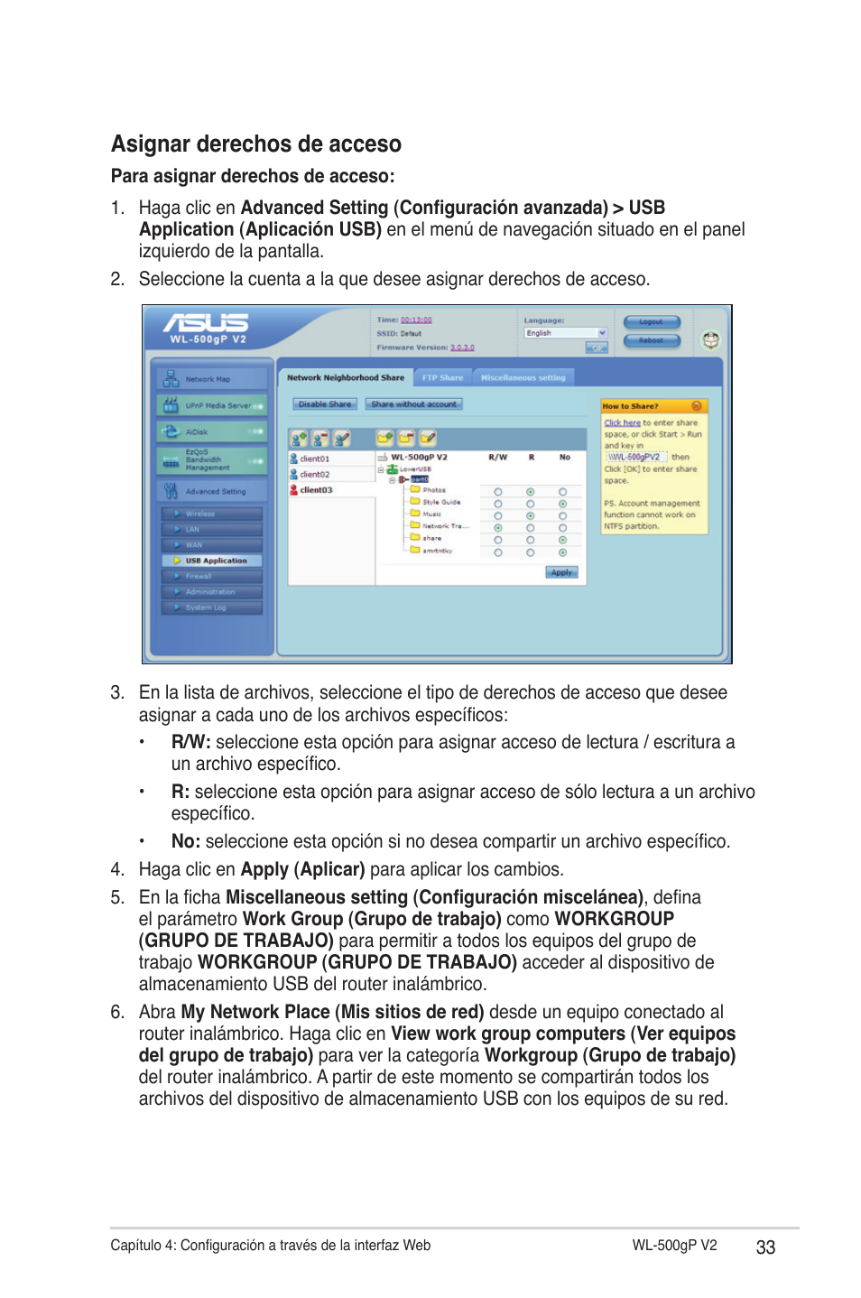 Asignar derechos de acceso | Asus WL-500gP V2 User Manual | Page 33 / 64