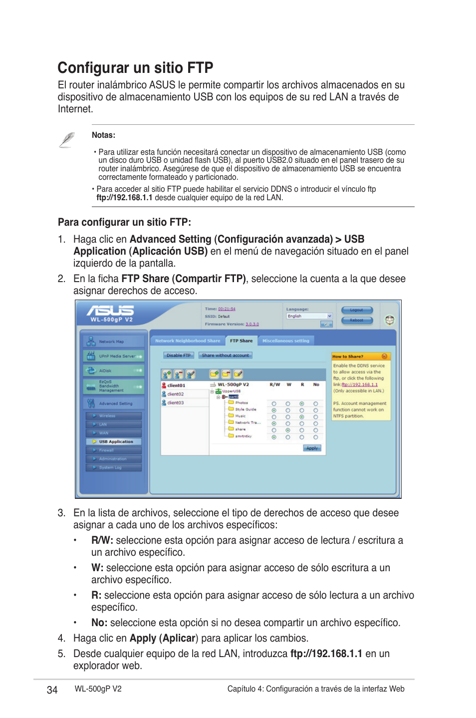 Configurar un sitio ftp | Asus WL-500gP V2 User Manual | Page 34 / 64