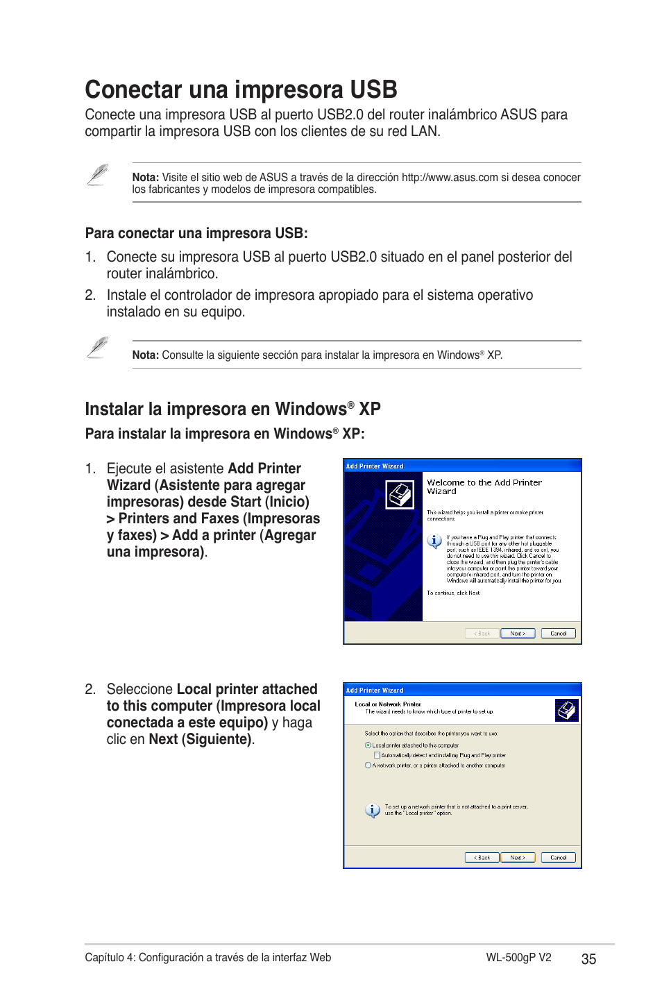 Conectar una impresora usb, Instalar la impresora en windows | Asus WL-500gP V2 User Manual | Page 35 / 64