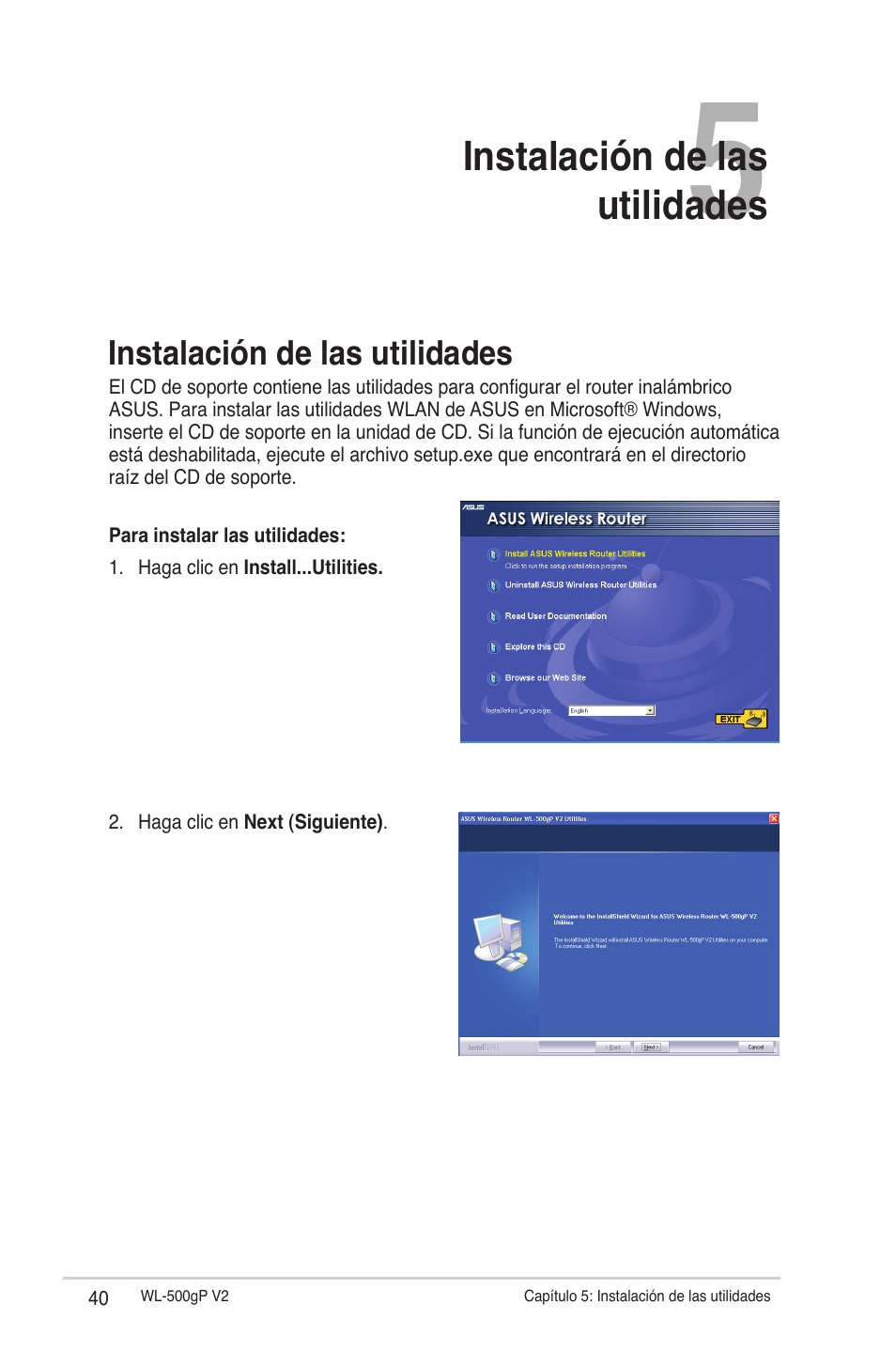 Instalación de las utilidades | Asus WL-500gP V2 User Manual | Page 40 / 64