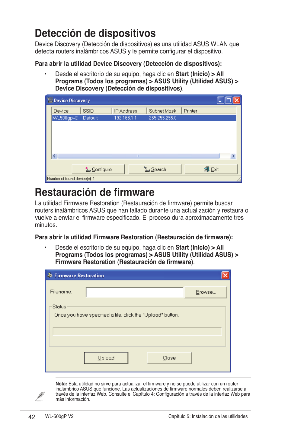 Detección de dispositivos, Restauración de firmware | Asus WL-500gP V2 User Manual | Page 42 / 64