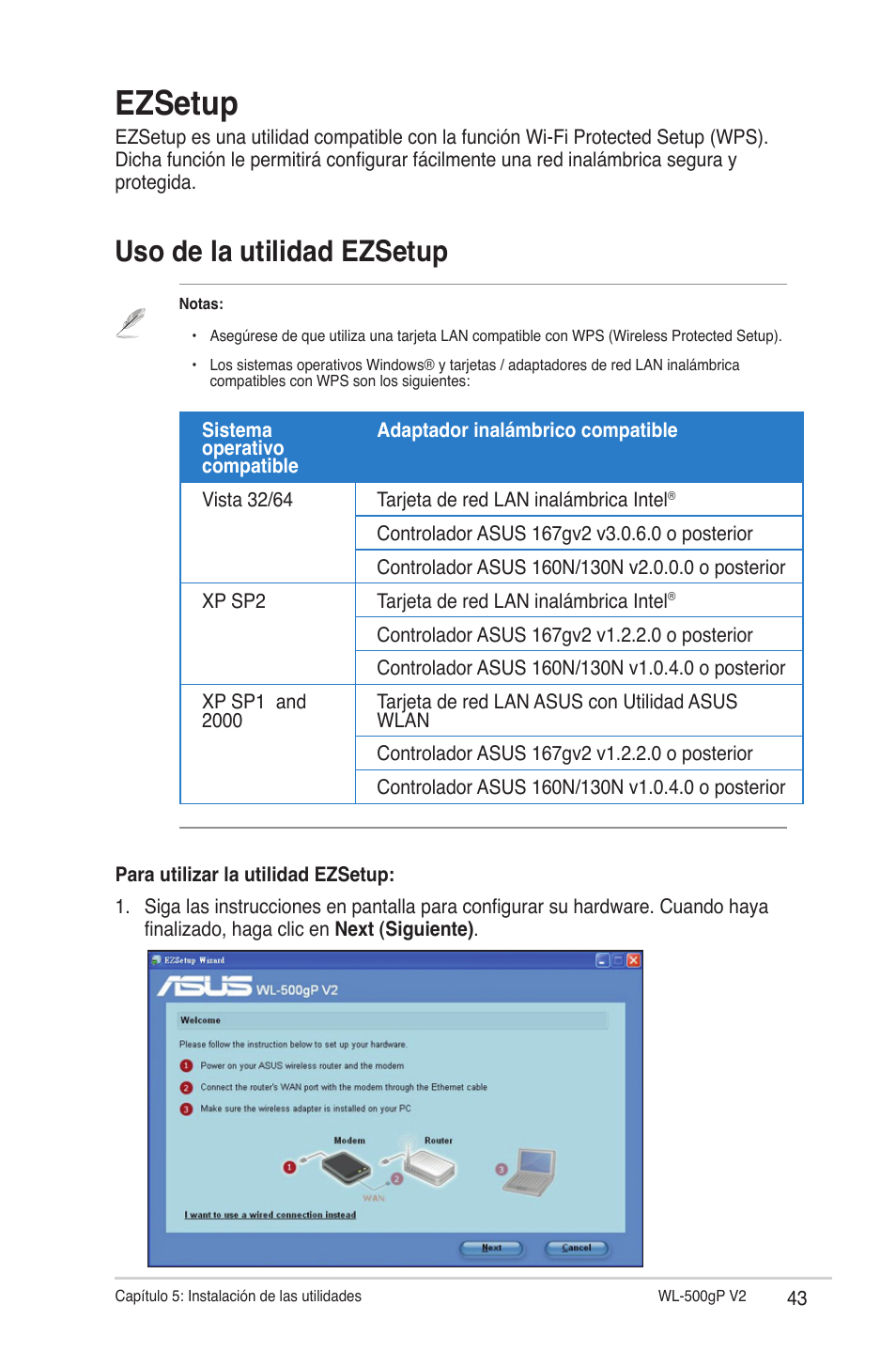 Ezsetup, Uso de la utilidad ezsetup | Asus WL-500gP V2 User Manual | Page 43 / 64