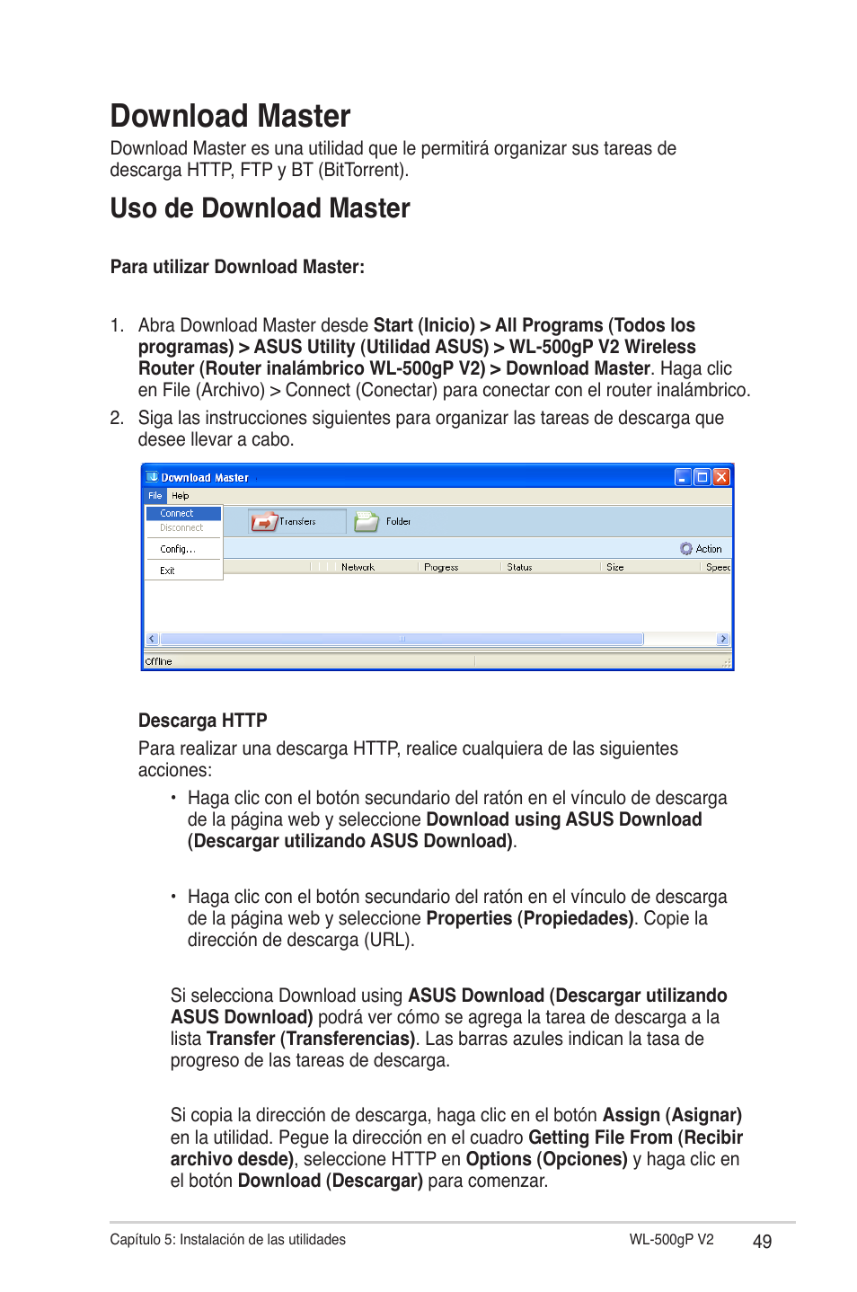 Download master, Uso de download master | Asus WL-500gP V2 User Manual | Page 49 / 64