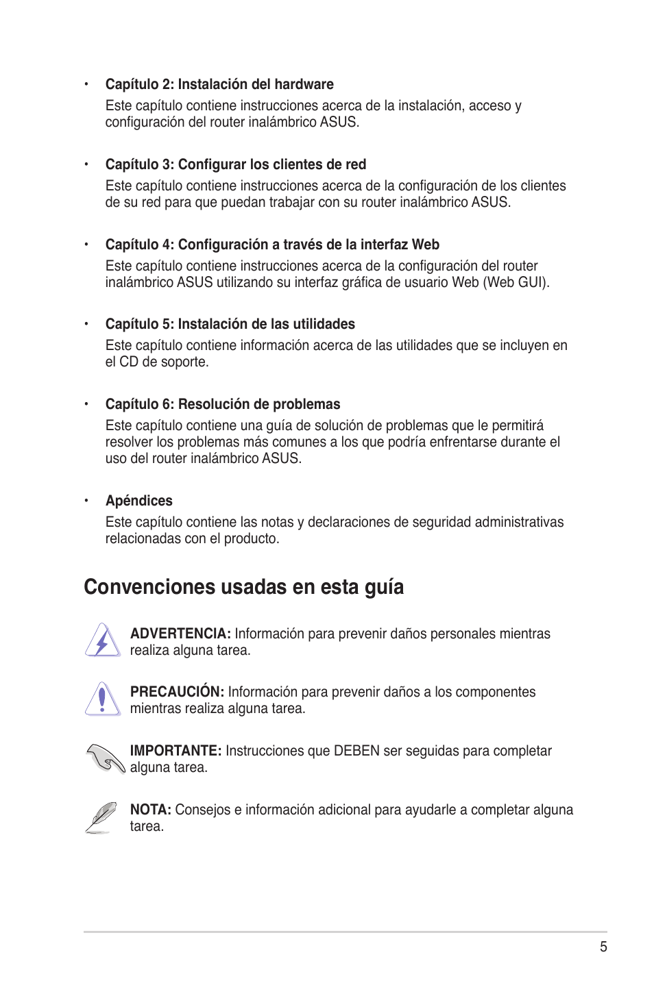 Convenciones usadas en esta guía | Asus WL-500gP V2 User Manual | Page 5 / 64