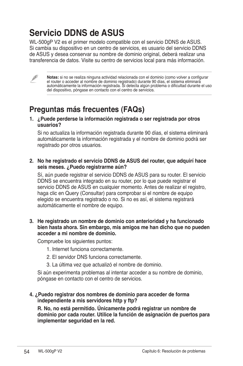 Servicio ddns de asus, Preguntas más frecuentes (faqs) | Asus WL-500gP V2 User Manual | Page 54 / 64