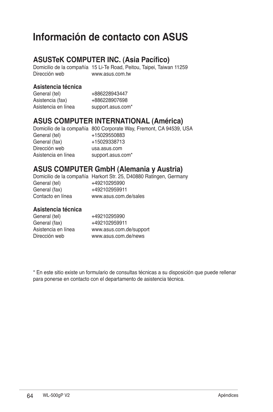 Información de contacto con asus, Asustek computer inc. (asia pacífico), Asus computer international (américa) | Asus computer gmbh (alemania y austria) | Asus WL-500gP V2 User Manual | Page 64 / 64