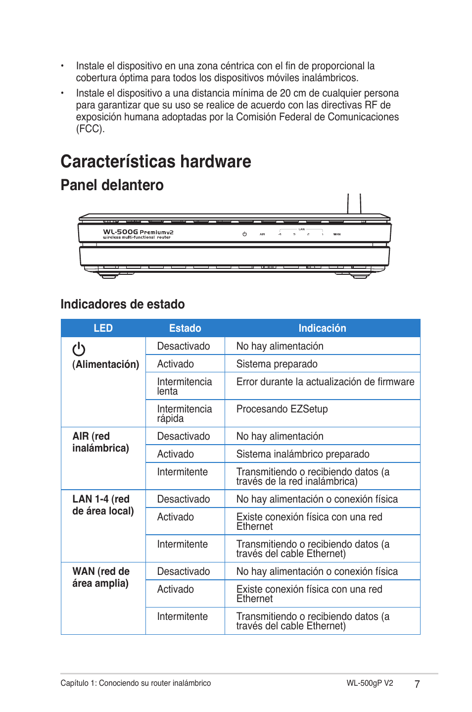 Características hardware, Panel delantero, Indicadores de estado | Asus WL-500gP V2 User Manual | Page 7 / 64