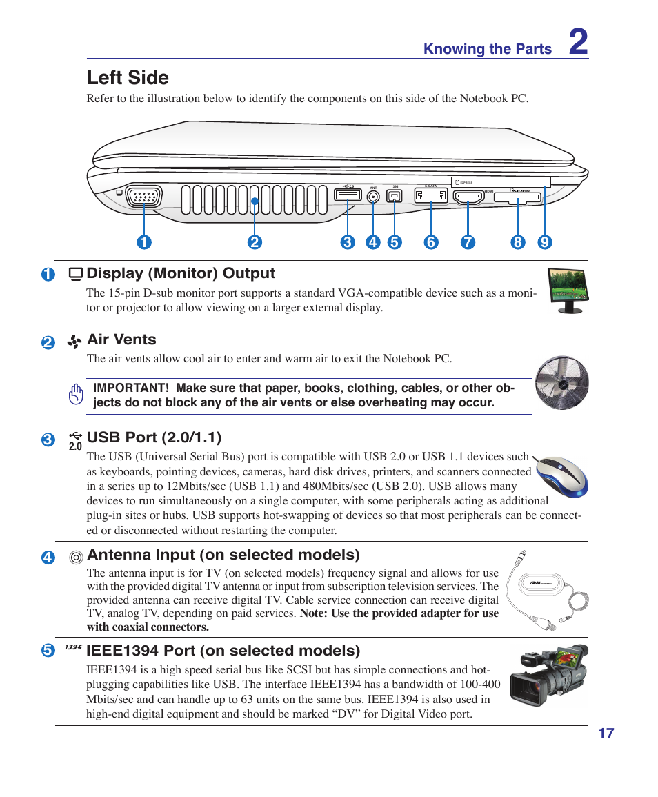 Left side | Asus M52V User Manual | Page 17 / 86