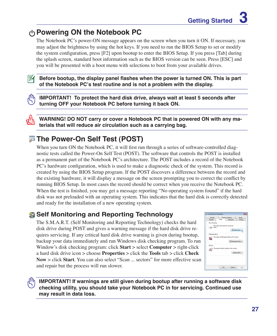 Powering on the notebook pc, The power-on self test (post) | Asus M52V User Manual | Page 27 / 86