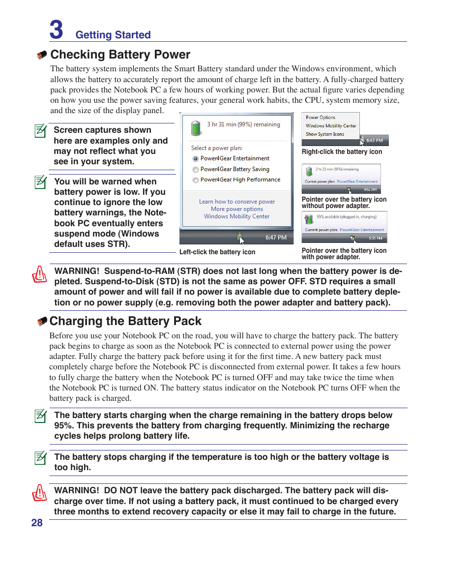 Checking battery power, Charging the battery pack | Asus M52V User Manual | Page 28 / 86