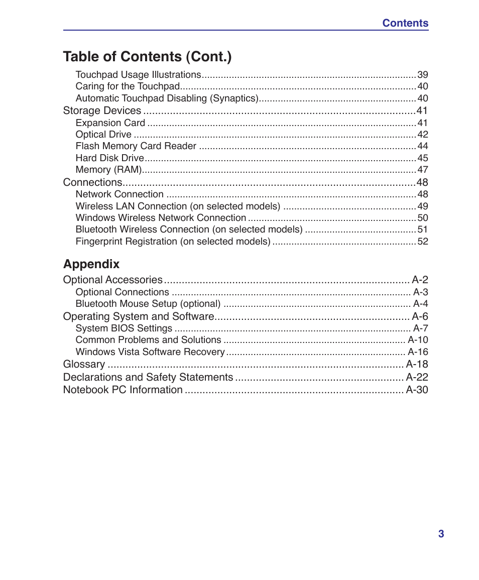 Table of contents (cont.), Appendix | Asus M52V User Manual | Page 3 / 86