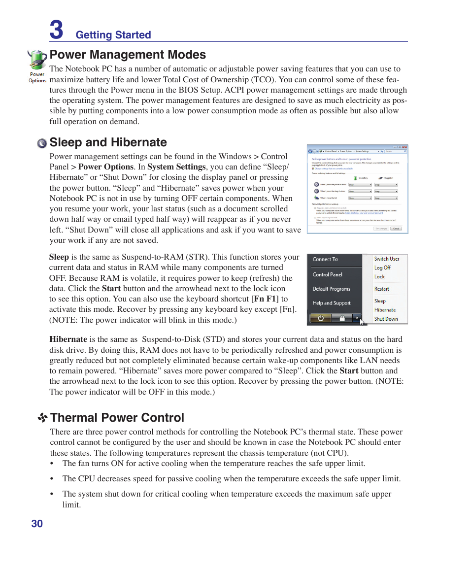 Power management modes, Sleep and hibernate, Thermal power control | Asus M52V User Manual | Page 30 / 86