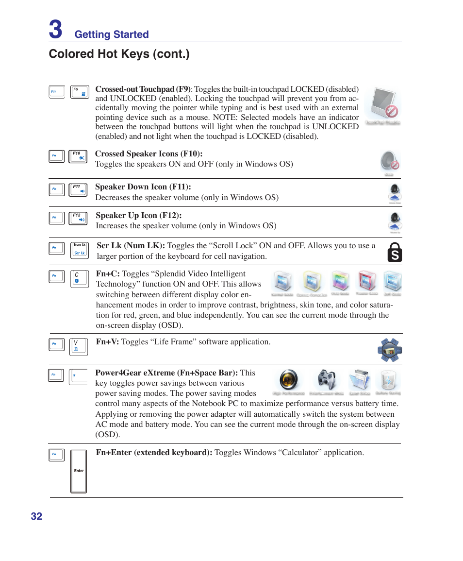 Colored hot keys (cont.) | Asus M52V User Manual | Page 32 / 86