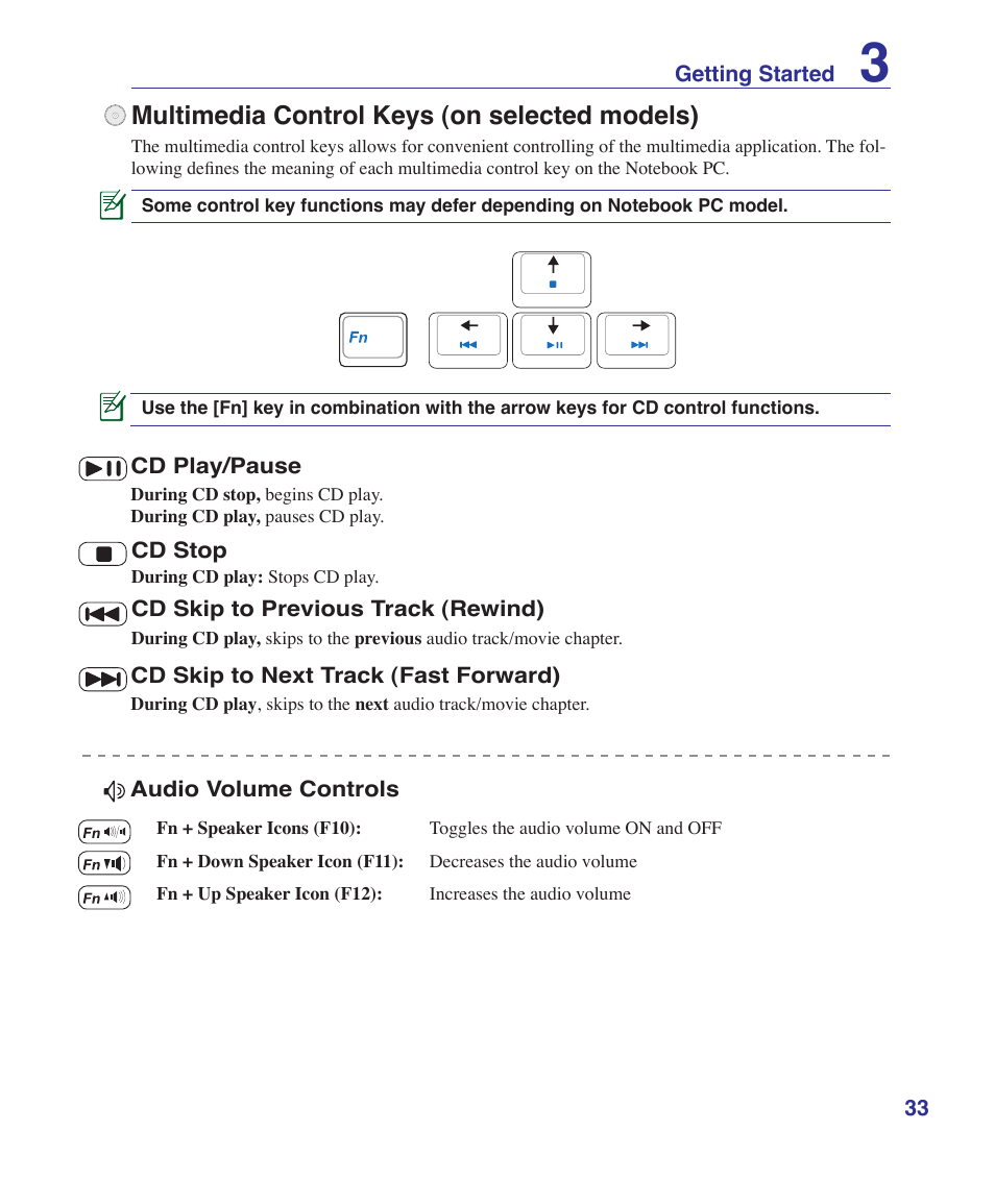 Multimedia control keys (on selected models) | Asus M52V User Manual | Page 33 / 86