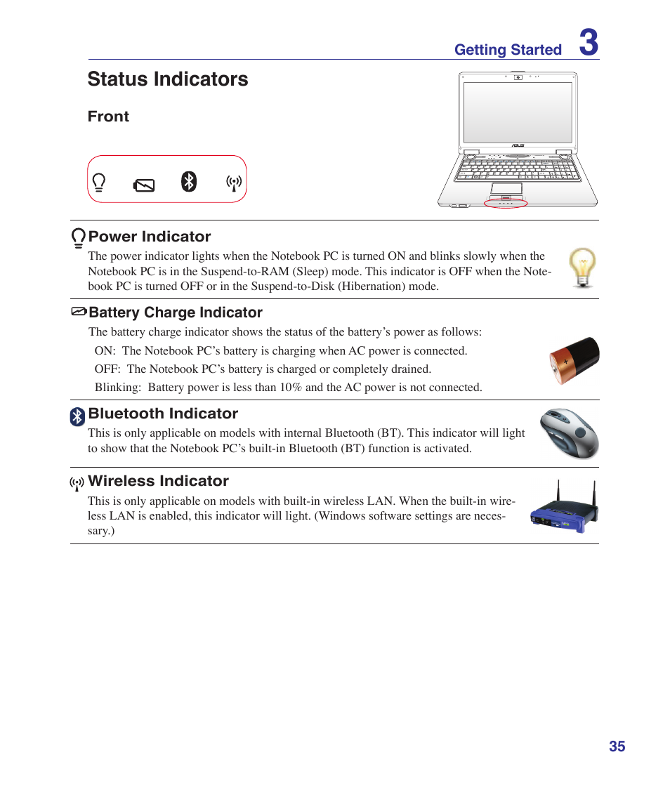 Status indicators | Asus M52V User Manual | Page 35 / 86