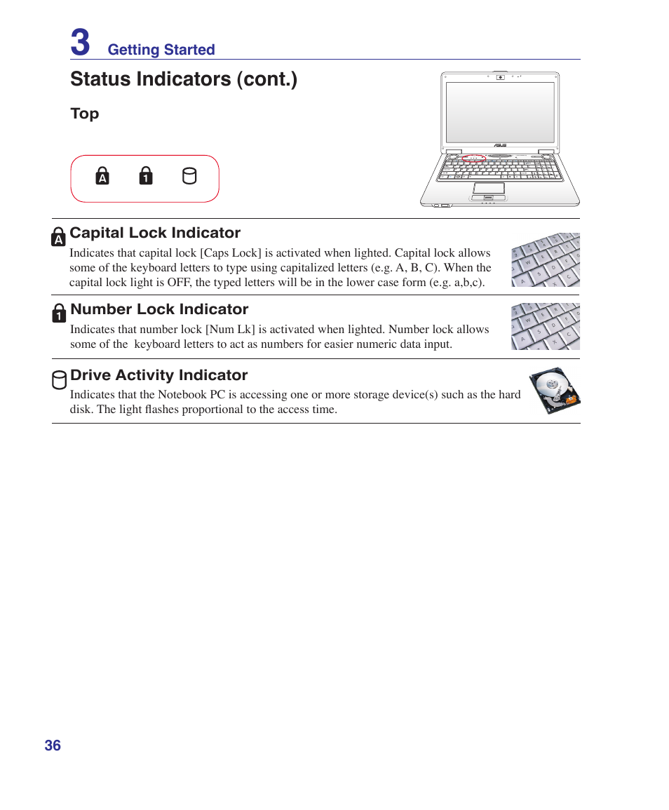 Status indicators (cont.) | Asus M52V User Manual | Page 36 / 86