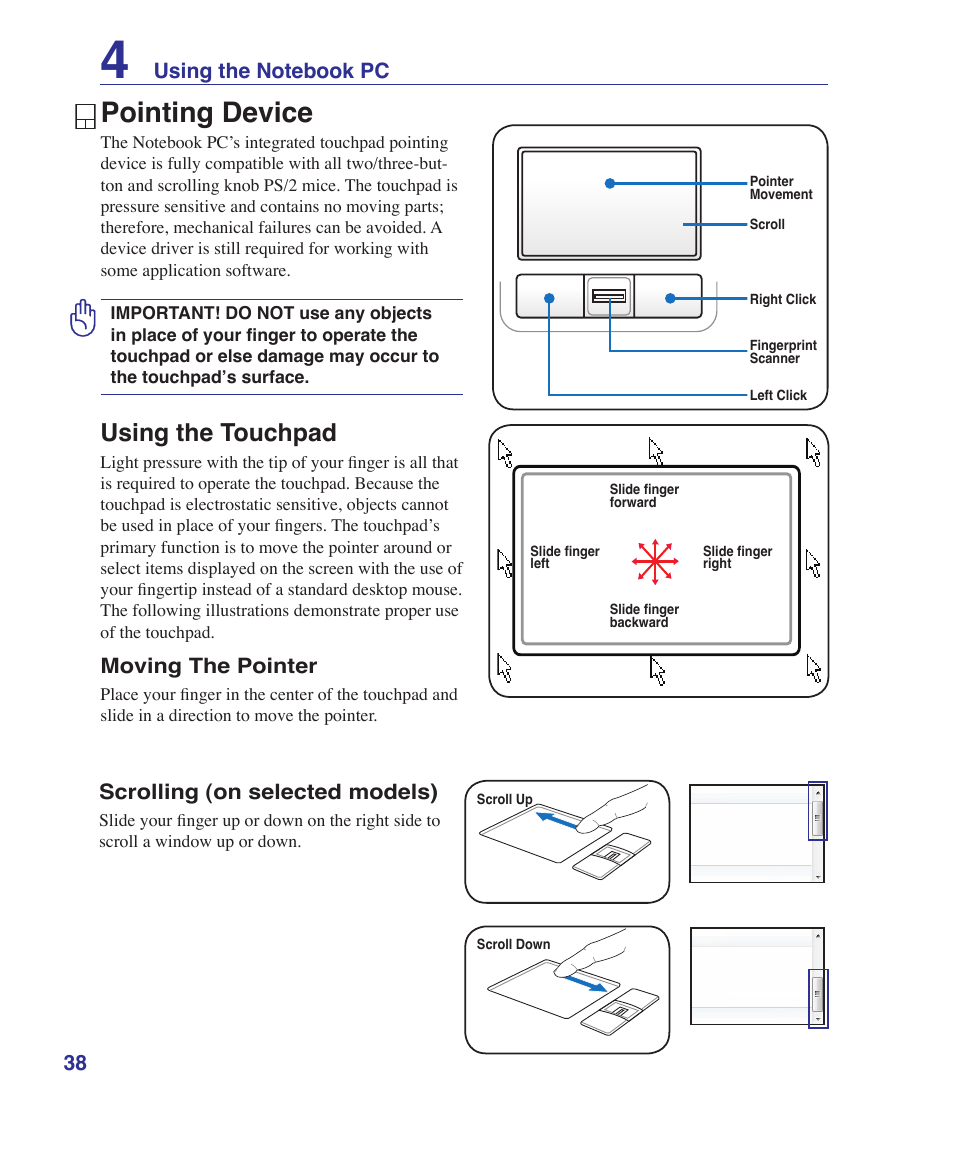 Pointing device, Using the touchpad, Moving the pointer | Scrolling (on selected models) | Asus M52V User Manual | Page 38 / 86