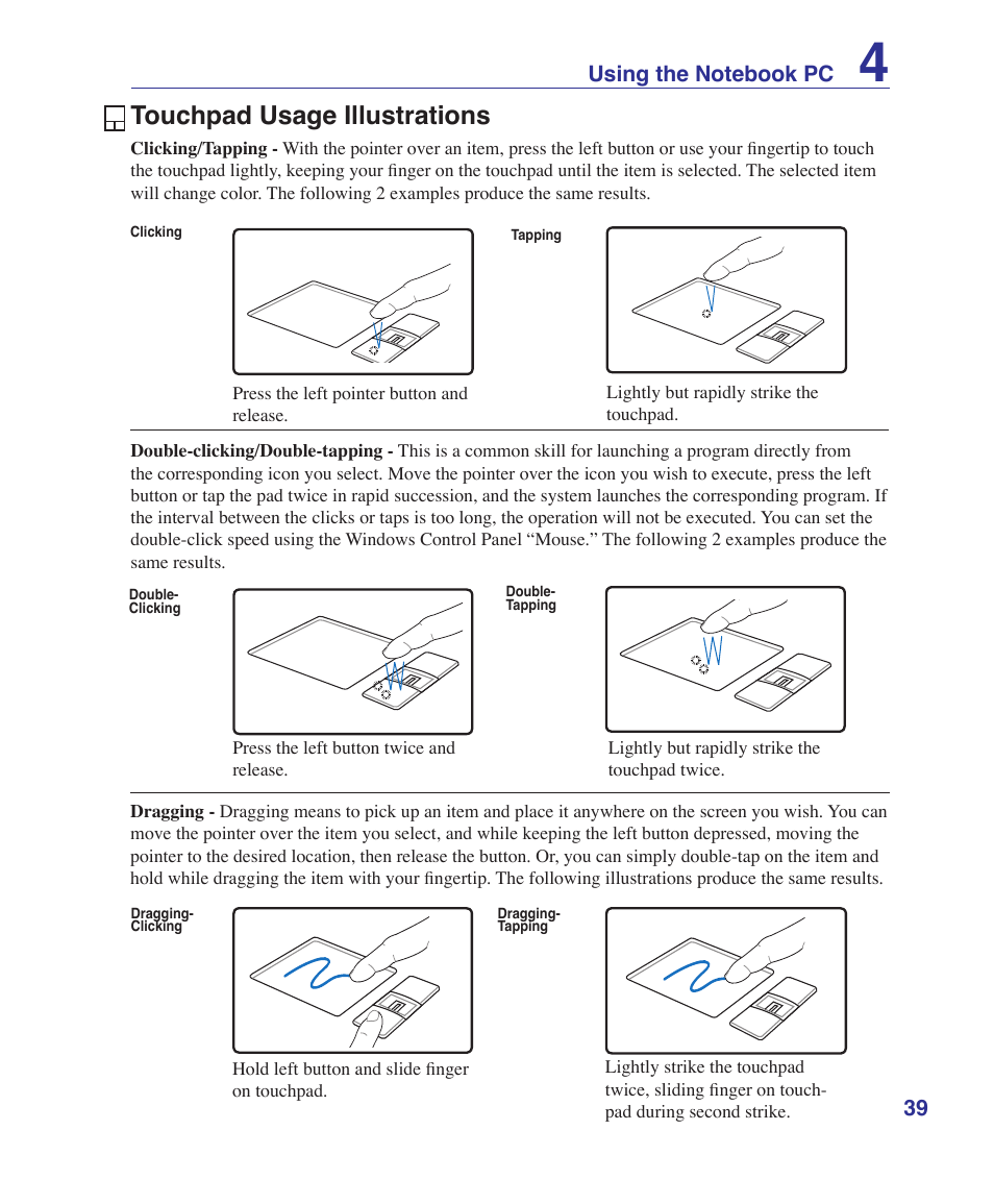 Touchpad usage illustrations | Asus M52V User Manual | Page 39 / 86