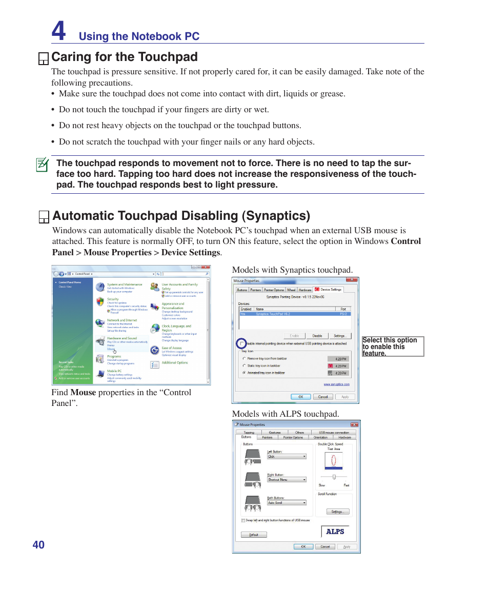 Caring for the touchpad, Automatic touchpad disabling (synaptics) | Asus M52V User Manual | Page 40 / 86